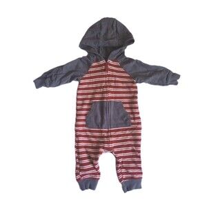 Carter's Gray/Maroon Striped Hooded Romper One Piece Outfit sz 6M Boys